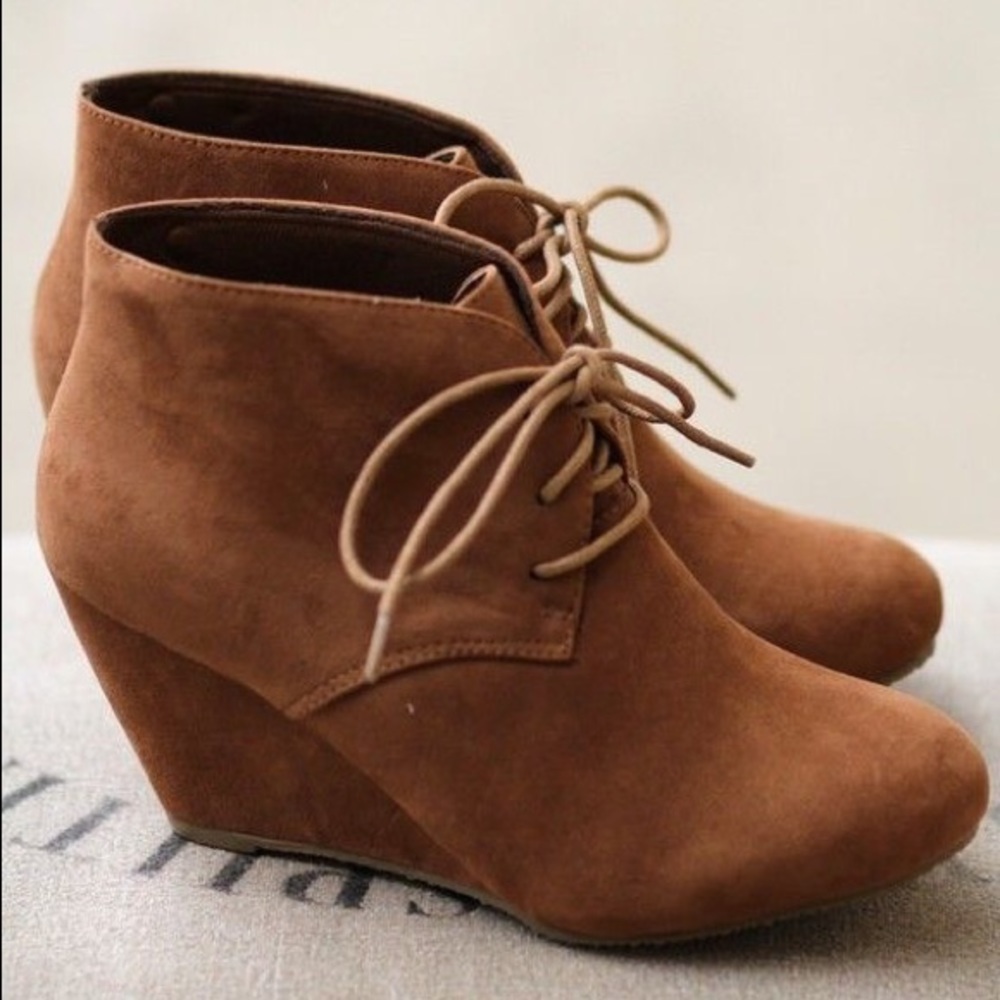 Camel Almond Toe Lace Up Wedge Ankle Booties